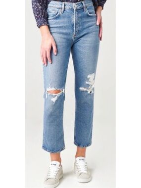 AGOLDE | Wilder Straight Leg Classic High Rise Blue Distressed Women Jeans Sz 28